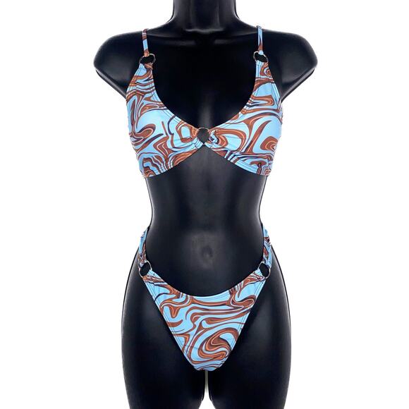 New Small Blue Brown‎ Swirl Bikini O Ring Triangle Padded Top Swimsuit Y2k 90s - Picture 4 of 6